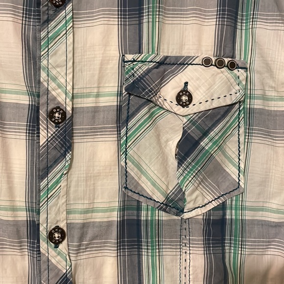 Men's BKE Buckle Western Green Blue Plaid Slim Fit Button Up long slv Shirt XL - Picture 3 of 5